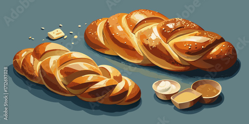 Fresh baked breakfast pastries, like delicious croissants and a crusty baguette, sit on a plate