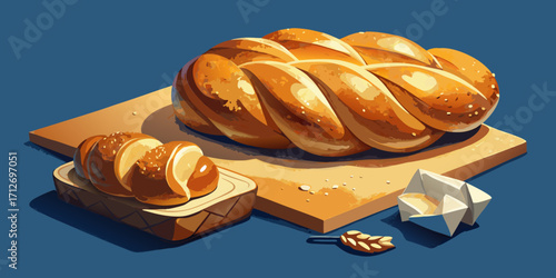A freshly baked brown wheat loaf of bread on a rustic wooden table