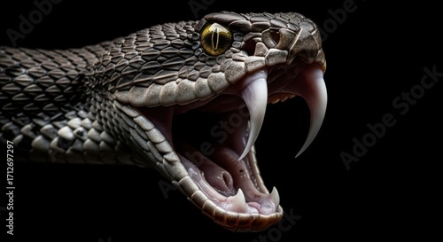 Close up of a venomous snake head with fangs and open mouth