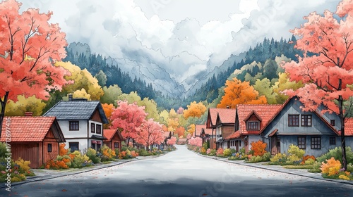 Blooming trees in spring, in a village in the mountains. Beautiful watercolor landscape.
