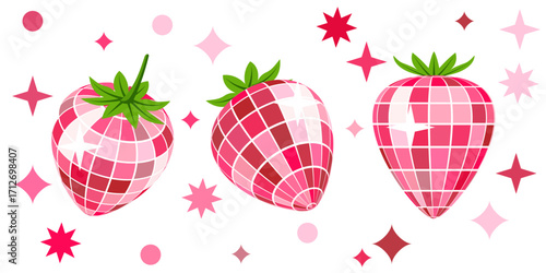 Vector trendy illustration of strawberry mirrored disco balls. Design for party, summer poster, nightlife music event