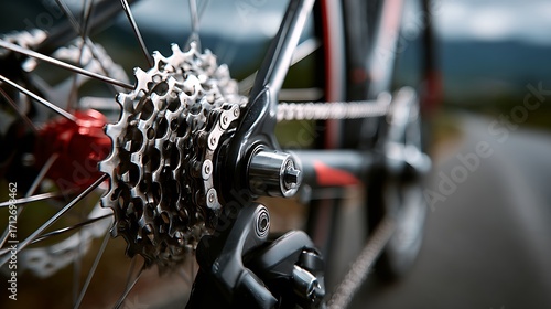 Closeup of a bicycle chain and gears on a road with blurred background