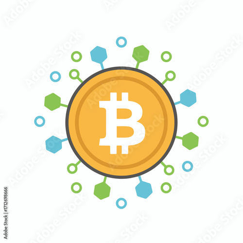 Flat vector icon of Bitcoin cryptocurrency with blockchain nodes. Clean minimal 2D design, symbolizing digital currency, fintech, decentralized finance, and modern financial technology