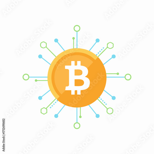 Flat vector icon of Bitcoin cryptocurrency with blockchain nodes. Clean minimal 2D design, symbolizing digital currency, fintech, decentralized finance, and modern financial technology
