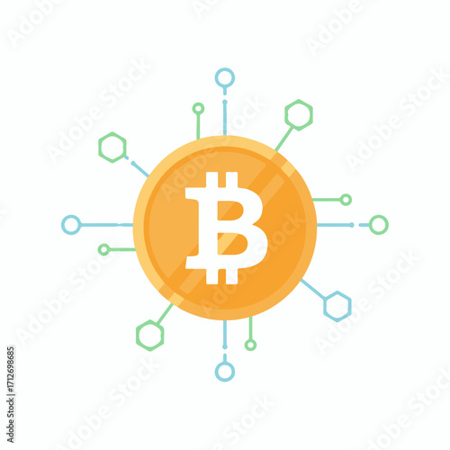 Flat vector icon of Bitcoin cryptocurrency with blockchain nodes. Clean minimal 2D design, symbolizing digital currency, fintech, decentralized finance, and modern financial technology
