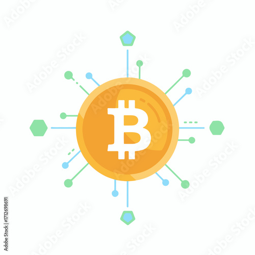 Flat vector icon of Bitcoin cryptocurrency with blockchain nodes. Clean minimal 2D design, symbolizing digital currency, fintech, decentralized finance, and modern financial technology