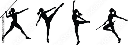 Female athlete silhouettes, sports poses, dance movement, martial arts kick, javelin throw, gymnastics, ballet pose, rhythmic gymnastics, dynamic motion, fitness icons, black silhouette, sport vector