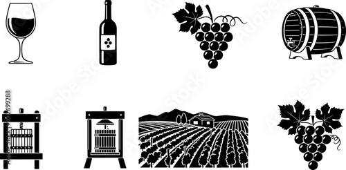Collection of vintage winery icons wine glass bottle grapes barrel vineyard and press for beverage and alcohol industry