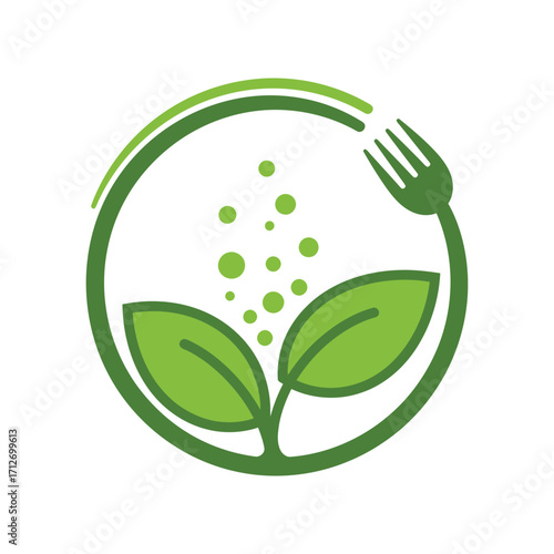 Healthy organic food logo with green leaves fork and bubbles concept