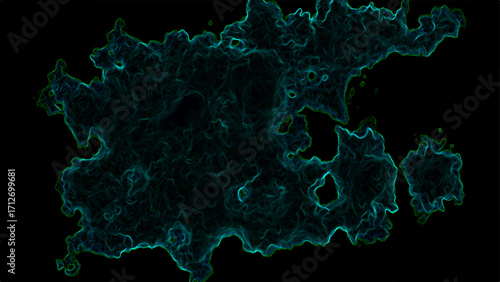 Abstract dark smoke cloud texture with glowing teal outlines on a black background. Swirling vapor-like shapes, resembling energy waves, mist, or nebula patterns.