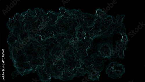 Abstract dark smoke cloud texture with glowing teal outlines on a black background. Swirling vapor-like shapes, resembling energy waves, mist, or nebula patterns.