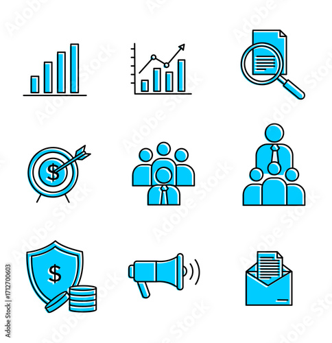 Business and Marketing Strategy Icons Growth, Success, and Communication Concepts Illustrated