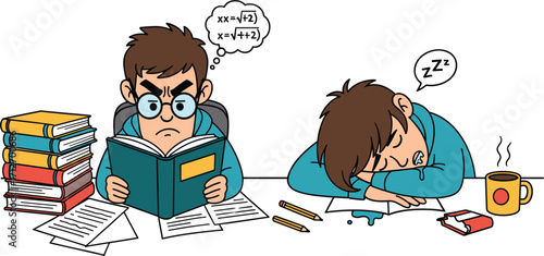 Frustrated student studying hard while another sleeps exhausted at desk