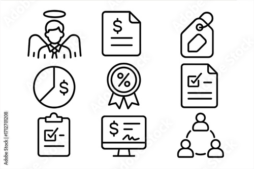 Angel Investment Icons. Line style icons of Angel Co-Investment Models: Lead investor icon, follow-on funding file, investment