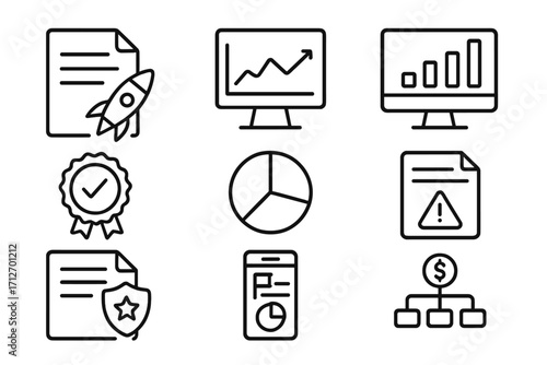 Angel Portfolio Icons. Line style icons of Angel Portfolio Management: Startup list file, performance tracking chart, investment