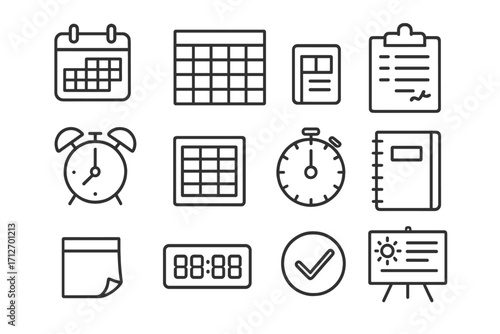 Productivity Icon Set. Line style icons of personal productivity essentials: paper calendar, wall planner, alarm clock, clipboard