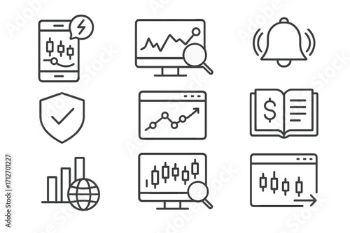 Forex Trading Icons. Line style icons of forex trading: real-time alerts, market scanner, trade alert bell, account verification,