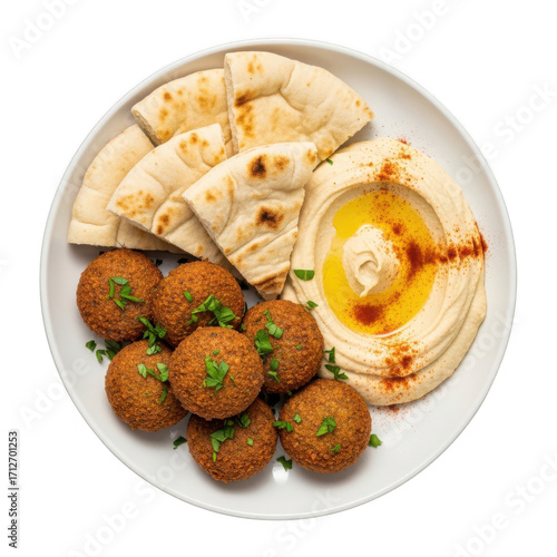 Plate of falafel and hummus with pita bread isolated on transparent background
