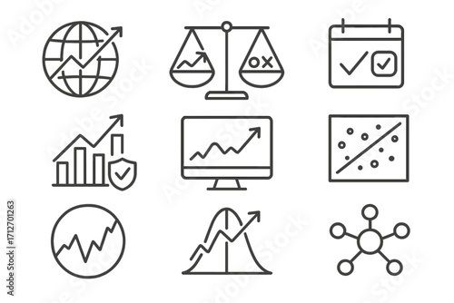 Hedge Fund Icons. Line style icons of hedge funds: global macro icon, relative value strategy, event-driven trading, equity hedge