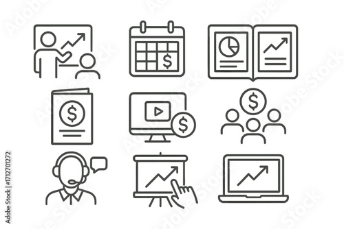 Hedge Fund Icon Set. Line style icons of hedge funds: investor pitch icon, roadshow calendar, pitchbook slides, fund brochure,