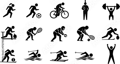 Collection of silhouette sports icons representing various athletic activities and fitness pursuits for dynamic visuals