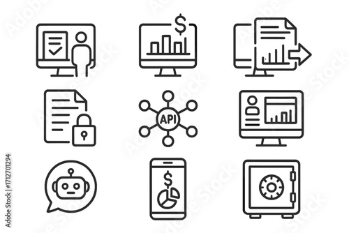 Hedge Fund Icons. Line style icons of hedge funds: digital onboarding process, online investor portal, fund data feed, encrypted