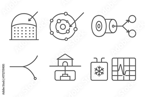 Astrophysics Icon Set. Line style icons of astrophysics: neutrino observatory, dark matter search, axion detection, WIMP