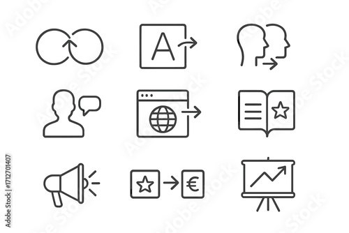 Mergers & Acquisitions Icons. Line style icons of mergers & acquisitions: brand merger icon, logo redesign, corporate identity