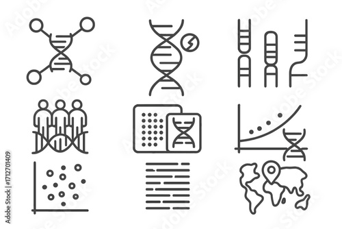 Genetic Engineering Icons. Line style icons of genetic engineering: genome-wide association, SNP icon, genetic linkage map,