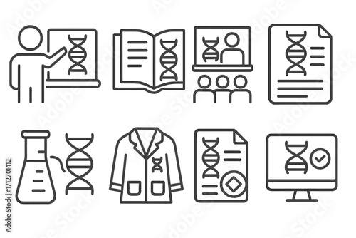 Genetic Engineering Icons. Line style icons of genetic engineering: educational icon, DNA teaching book, classroom model, biology
