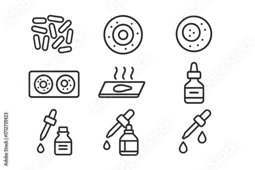 Microbiology Line Art. Line style icons of microbiology: gram stain result, purple-stained cell, pink-stained cell, differential