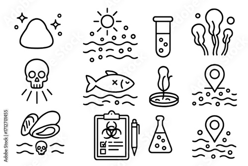 Marine Biology Icons. Line style icons of marine biology: marine toxins icon, red tide, harmful algae bloom, neurotoxin symbol,