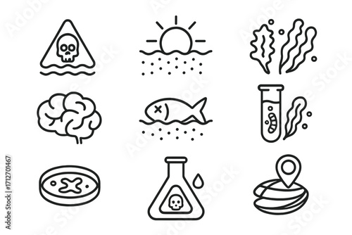 Marine Biology Icons. Line style icons of marine biology: marine toxins icon, red tide, harmful algae bloom, neurotoxin symbol,