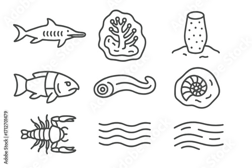 Paleontology Icons Collection. Line style icons of paleontology: extinct ocean life, fossil coral, ancient sponge, armored fish,