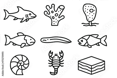 Paleontology Icons Collection. Line style icons of paleontology: extinct ocean life, fossil coral, ancient sponge, armored fish,