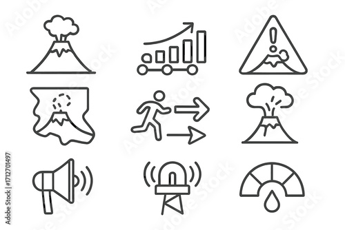 Volcanology Icons Overview. Line style icons of volcanology: eruption timeline, volcanic alert level, emergency warning icon,