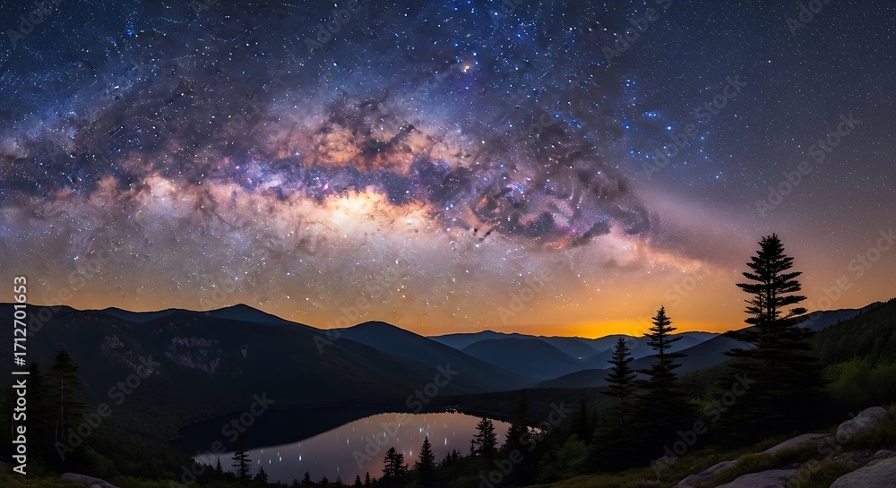 Fototapeta premium Milky Way Galaxy over a Serene Mountain Lake at Sunset.