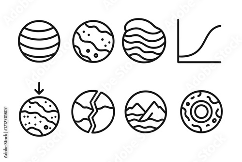 Exoplanet Line Icons. Line style icons of exoplanets: super-Earth icon, rocky terrain, thick atmosphere, exoplanet mass chart,