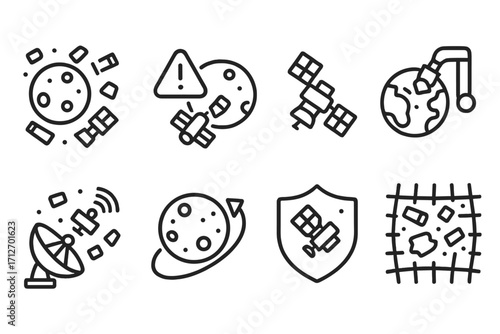 Space Debris Icons. Line style icons of space exploration: space debris, collision alert, satellite fragment, orbital cleanup,