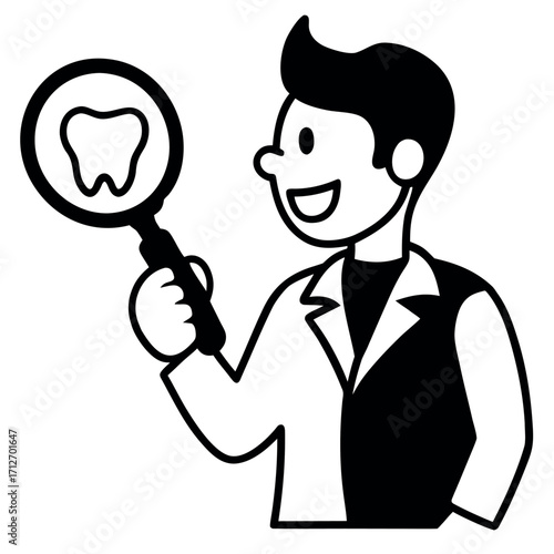 Vector art of dentist examining tooth with magnifying glass illustration design
