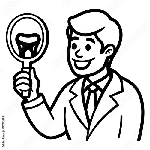 Vector art of dentist looking at tooth in magnifying glass illustration design