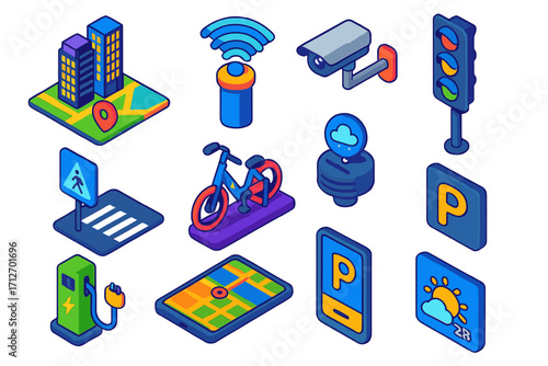 Smart City Navigation. Isometric vector illustration set Smart city navigation: skyscraper map, public Wi-Fi hotspot, street