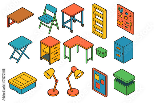 Compact Workspace Solutions. Isometric vector illustration set Small workspace solutions: wall-mounted desk, folding chair,