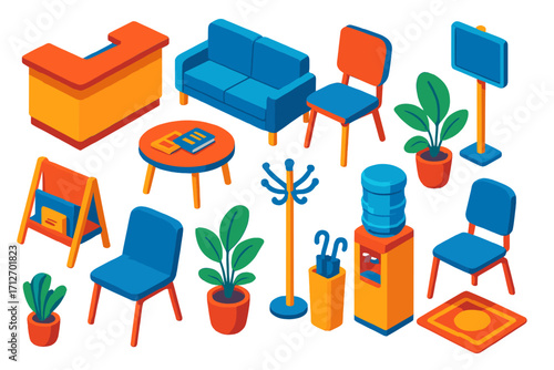 Modern Reception Furniture. Isometric vector illustration set Reception area furniture: reception desk, waiting area sofa, lounge