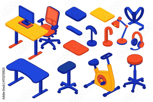 Ergonomic Workspace Icons. Isometric vector illustration set Ergonomic workspace: height-adjustable desk, ergonomic chair, monitor