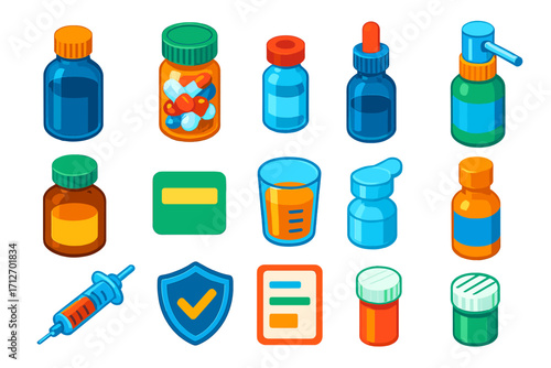 Medical Bottles Icons. Isometric vector illustration set Medical bottles: glass medicine bottle, pill bottle, vaccine vial,