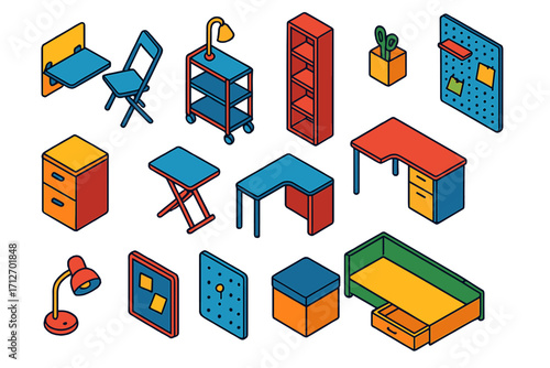 Compact Workspace Solutions. Isometric vector illustration set Small workspace solutions: wall-mounted desk, folding chair,