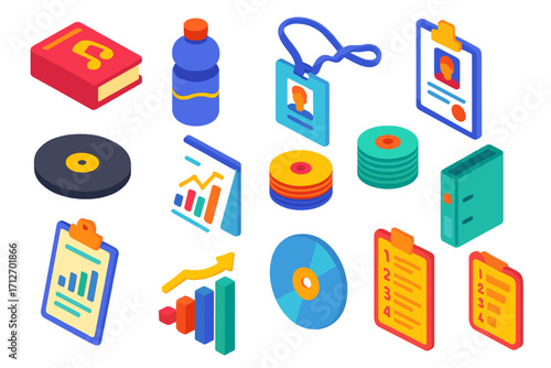 Music Storage Icons. Isometric vector illustration set Music and data storage: songbook, water bottle, musician ID badge,