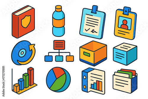 Document Management Icons. Isometric vector illustration set Document management: policy book, bottled drink, office ID badge,