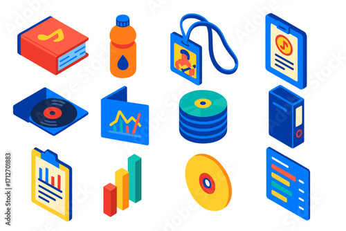 Music Storage Icons. Isometric vector illustration set Music and data storage: songbook, water bottle, musician ID badge,